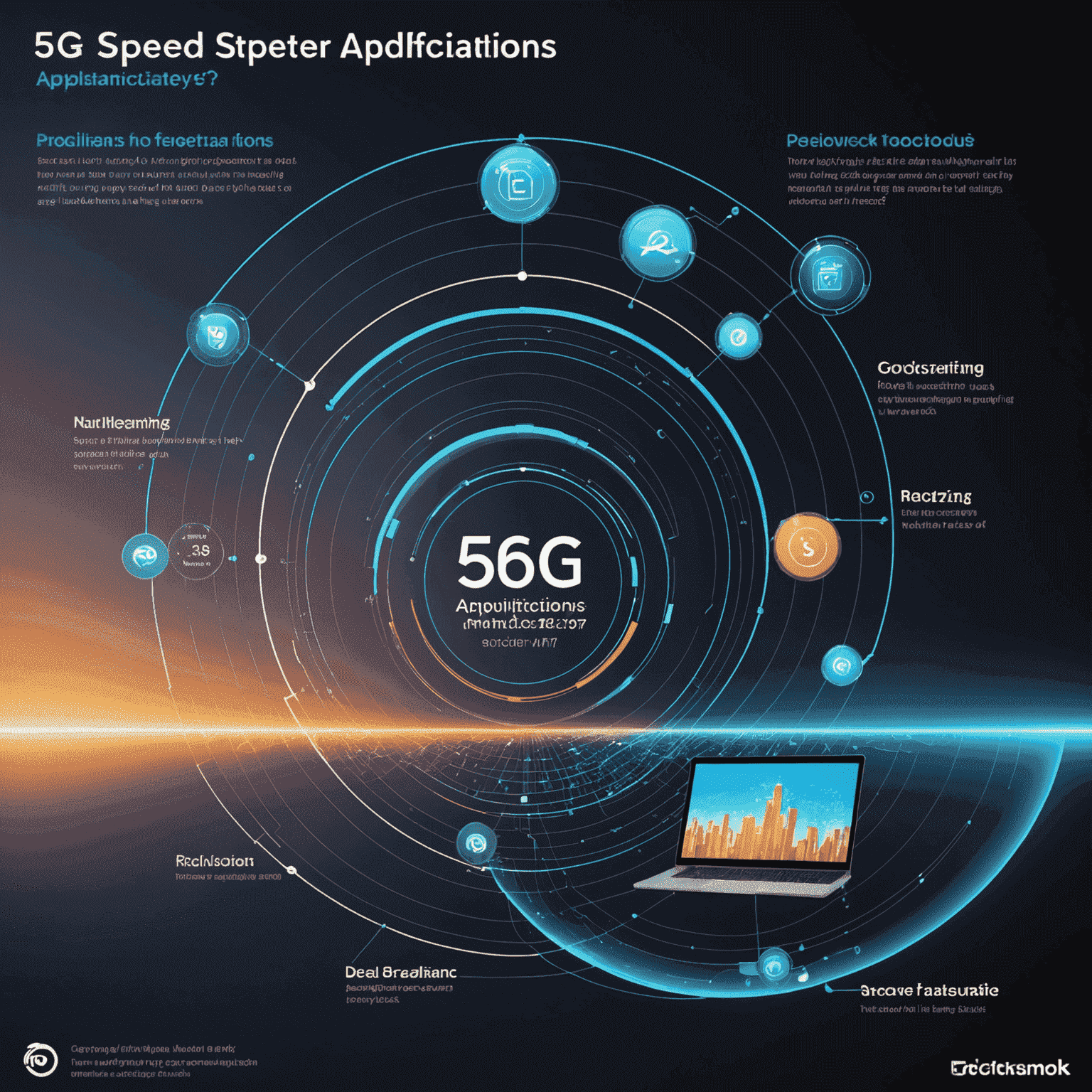 صورة توضح سرعة وكفاءة تطبيقات 5G مقارنة بالتقنيات السابقة، مع رسم بياني يظهر الفرق في سرعة نقل البيانات